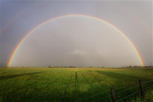 Double rainbow spread wide across farmland.