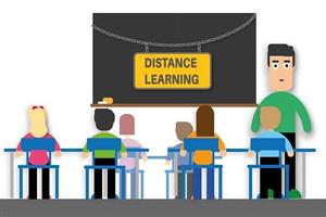 Drawing of a distance learning class with student and teacher